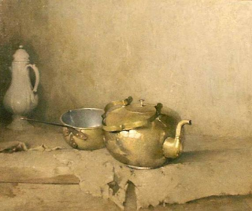 emil carlsen ~ brass kettle with porcelain coffee pot, 1910