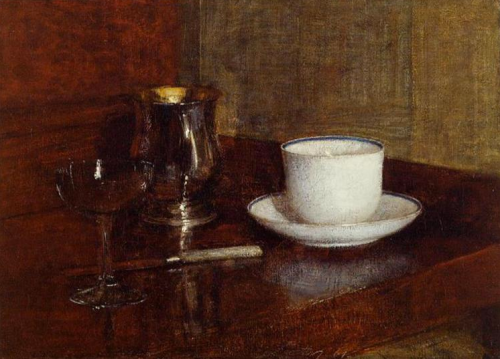 henri fantin latour ~ still life glass, silver goblet and cup of champagne, 1871