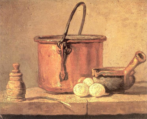 jean baptiste simeon chardin ~ still life of cooking utensils, cauldron, casserole and eggs, 1733-1734