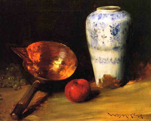 william merritt chase ~ still life with china vase, copper pot, an apple and a bunch of grapes